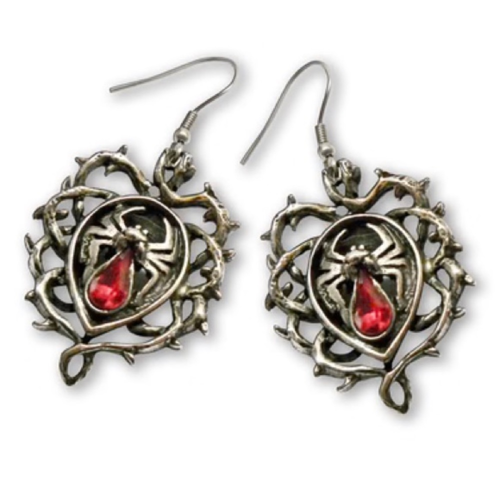 GOTHIC SPIDER WITH RED STONE BODY IN THORNS DANGLE EARRINGS
